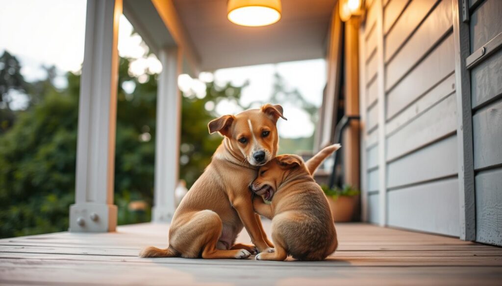 A heartwarming reunion on a cozy porch, a stray dog and its puppy embracing, their tails wagging with joy. Soft, warm lighting bathes the scene, casting a gentle glow. In the background, lush greenery and a tranquil sky set the peaceful mood. The camera captures the intimate moment from a low angle, highlighting the trust and affection between the two canines. Subtle depth of field blurs the surroundings, drawing the viewer's focus to the central, emotionally-charged interaction. This image beautifully encapsulates the profound bond between animals and the compassion of those who offer them a second chance.