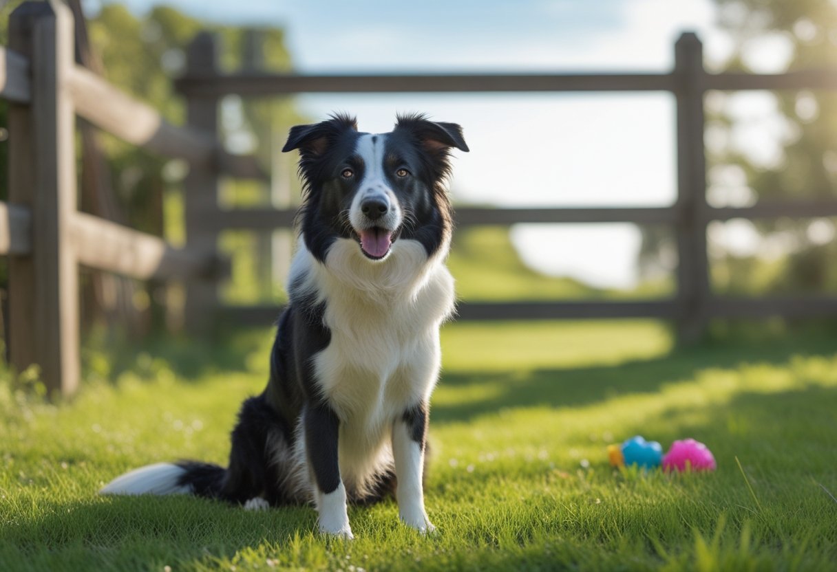 A Border Collie dog sitting on green grass outdoors with toys and a wooden fence in the background.