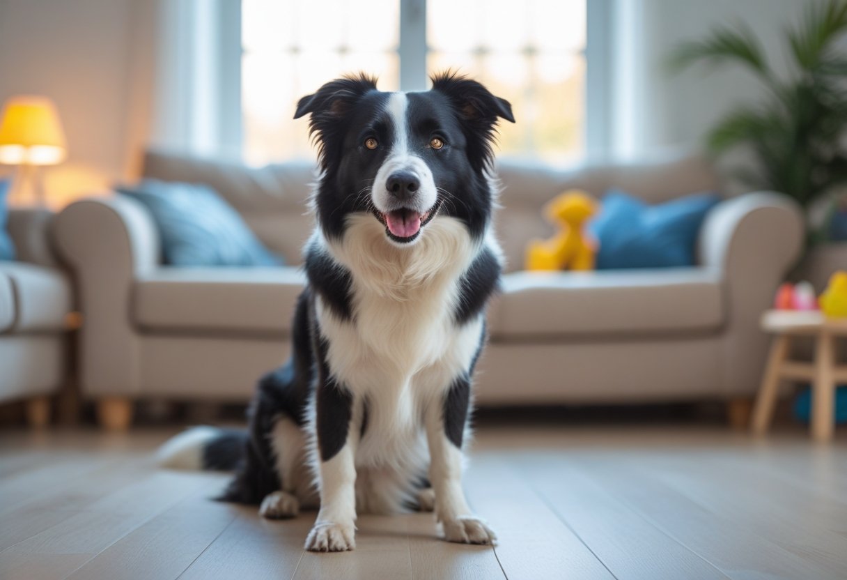 A Border Collie dog sitting attentively in a cozy family living room with toys and a sofa in the background.