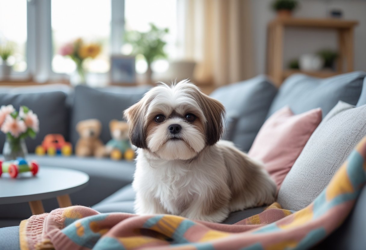 A Shih Tzu dog sitting on a couch in a cozy family living room with toys and natural light.