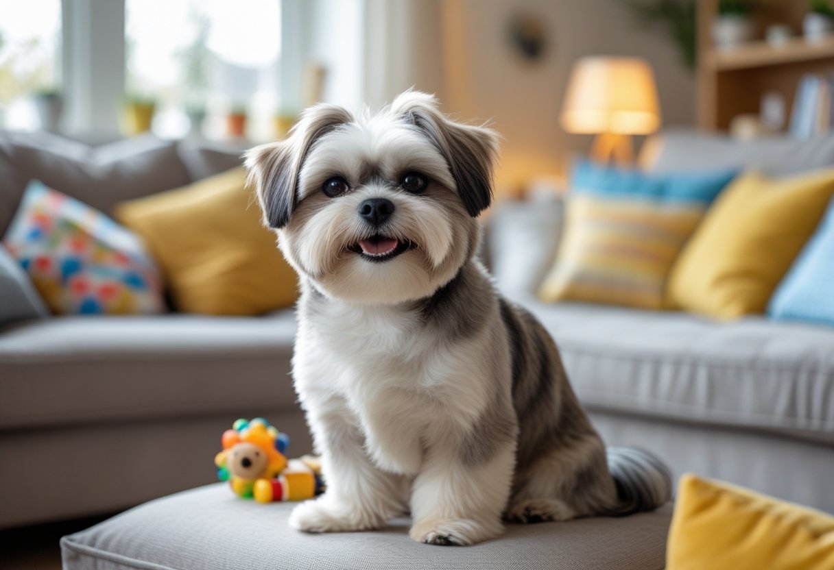 A Shih Tzu dog sitting on a couch in a cozy living room with toys nearby.